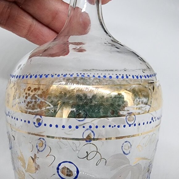 Bohemian Blown Glass Decanters Hand Painted Blue Enamel Gold Paint 7.5" - Picture 7 of 13